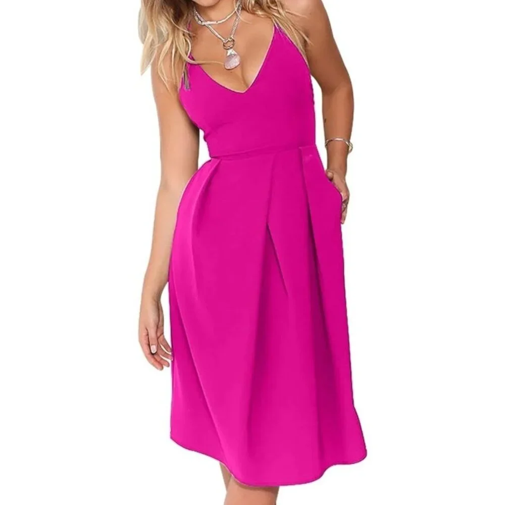 New Elia-Cher Pink Women's Deep V Neck Adjustable Spaghetti Straps Dress Size S - Picture 1 of 9